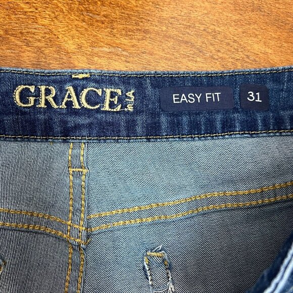 Grace In LA Easy Fit Jeans Womens 31 Blue Stretch Denim Distressed Cropped Capri - Picture 8 of 16